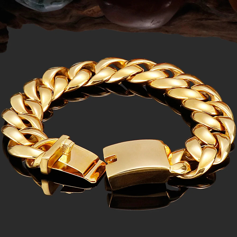 Polished Gold Stainless Steel Bracelet for Men | Luxury Chain Design