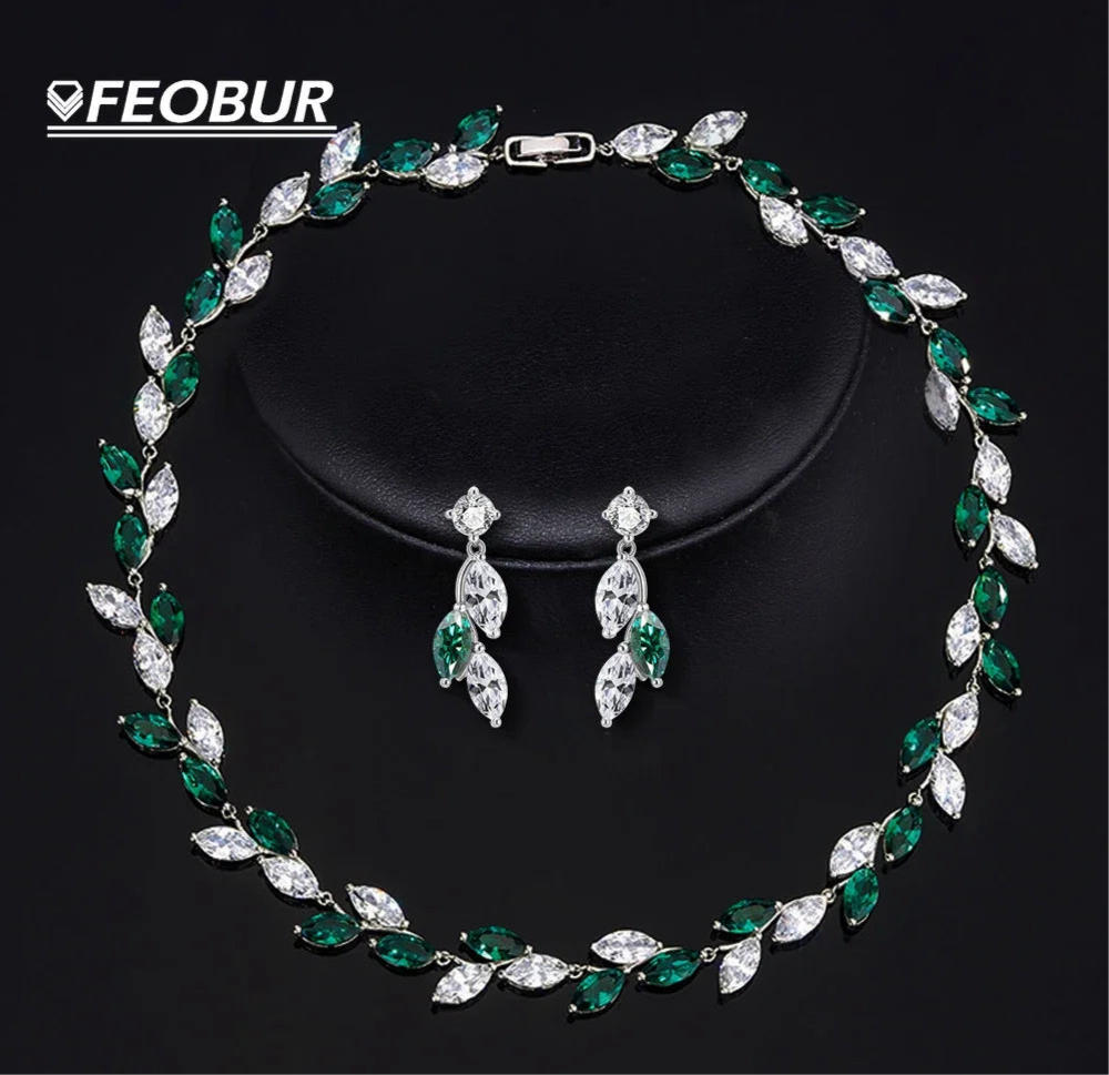 Luxury - Marquise Cut Mojssanite | Leaf-Shape Necklace & Earrings | Elegant Bridal Jewellery Sets.