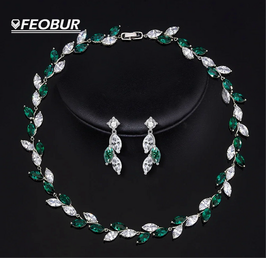 Luxury - Marquise Cut Mojssanite | Leaf-Shape Necklace & Earrings | Elegant Bridal Jewellery Sets.