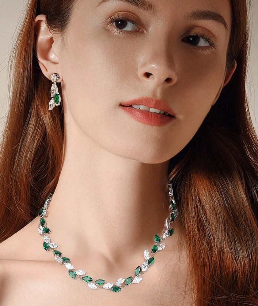 Luxury - Marquise Cut Mojssanite | Leaf-Shape Necklace & Earrings | Elegant Bridal Jewellery Sets.
