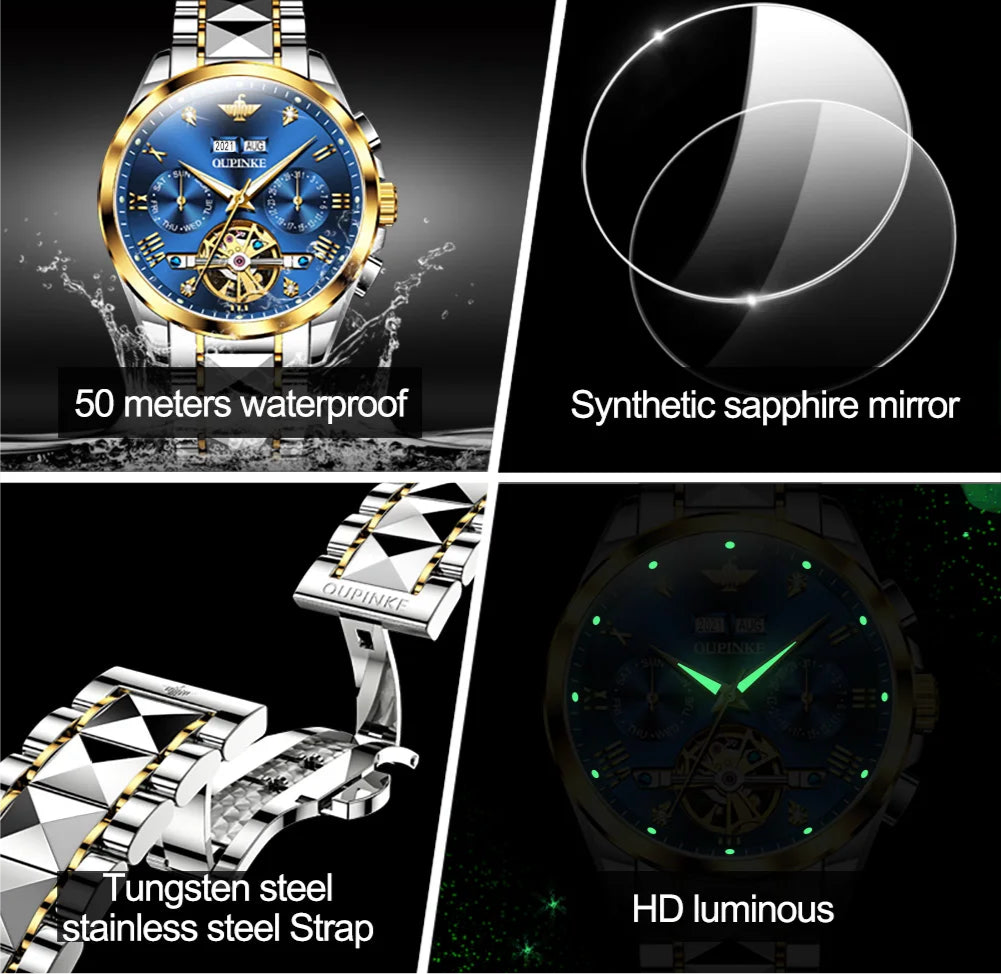 OUPINKE - Automatic Mechanical Watch for Men | 50M Waterproof | Sapphire Mirror | Luxury High Level Wristwtch.
