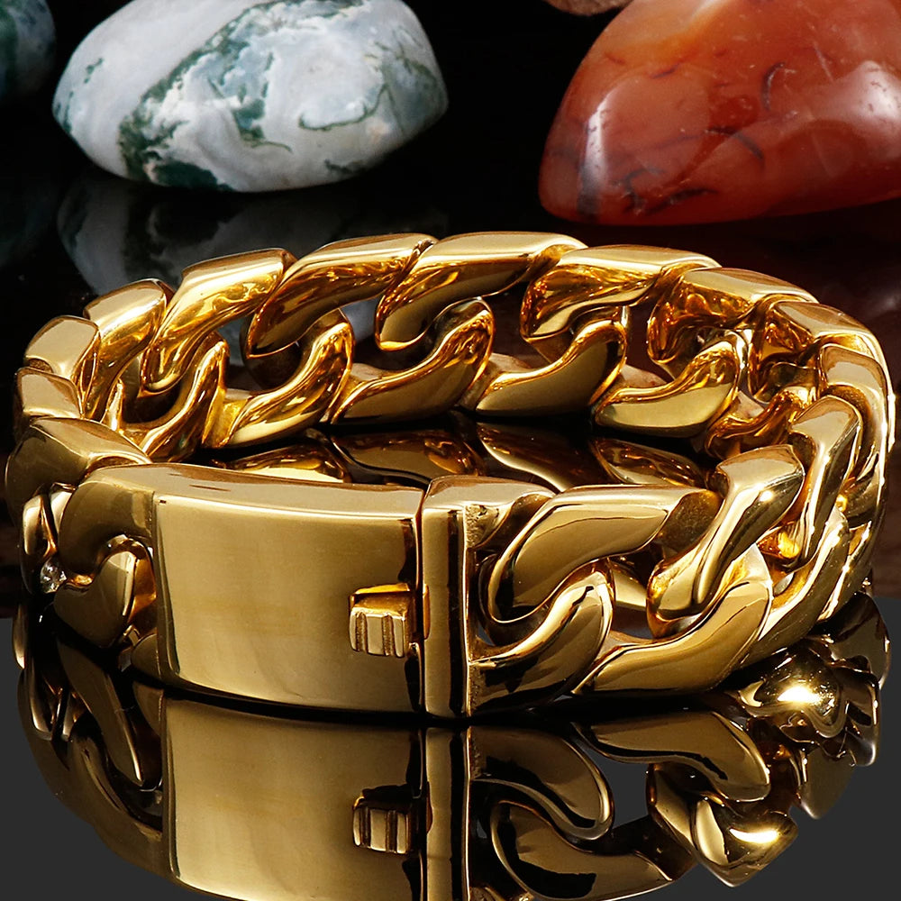 Polished Gold Stainless Steel Bracelet for Men | Luxury Chain Design