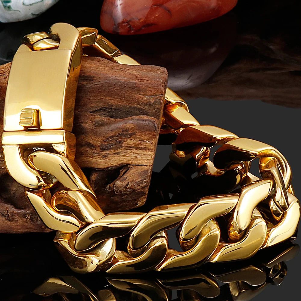Polished Gold Stainless Steel Bracelet for Men | Luxury Chain Design